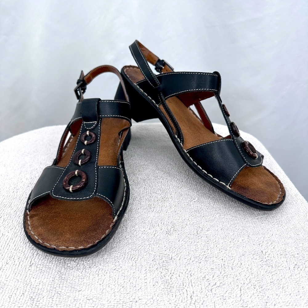 Naturalizer Gisela Leather Sandals 9.5M Black Adjustable Buckle Strap Wedge Heel